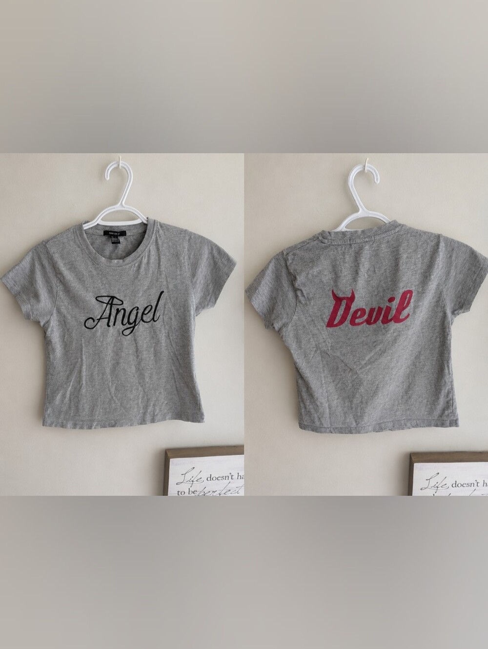 Forever 21 Grey Crop Tee with Black 'Angel' Front and Pink 'Devil' Back